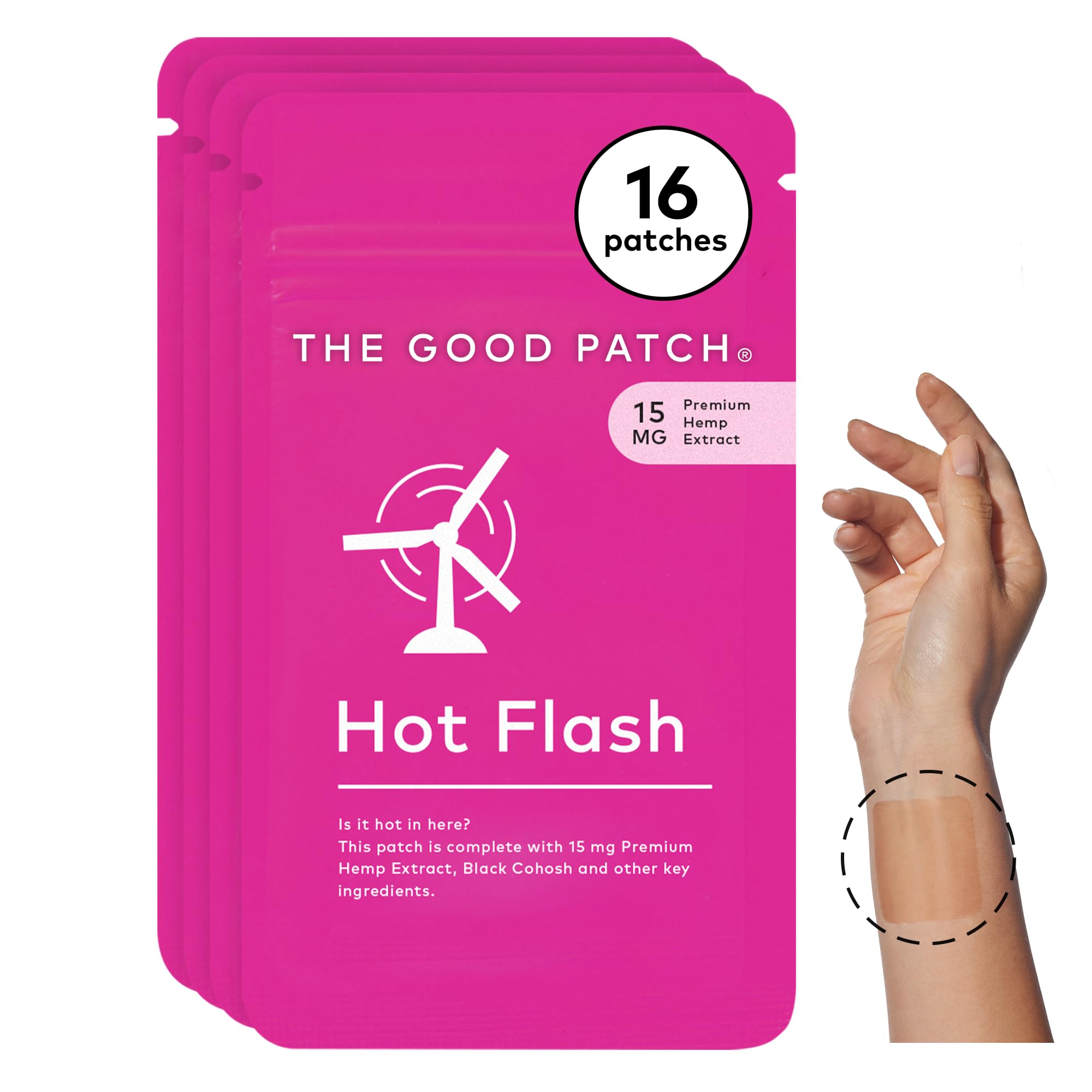 The Good Patch hot flash patch applied to the wrist for discreet daily relief.