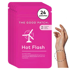 The Good Patch hot flash patch on the wrist offers discreet, plant-powered relief.