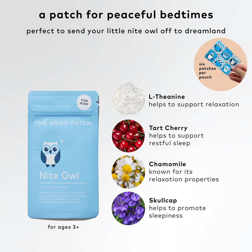 The Good Patch Nite Owl patch in a cozy bedtime scene for kids.