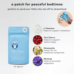The Good Patch Nite Owl patch in a cozy bedtime scene for kids.