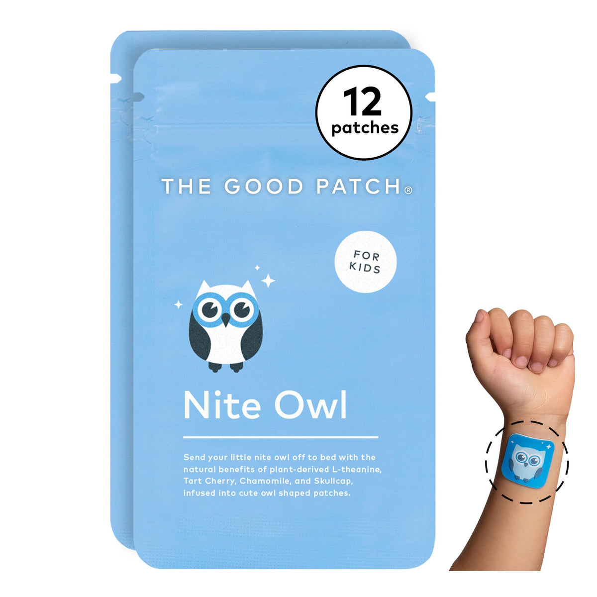 The Good Patch Nite Owl patch on arm ready for bedtime calm.