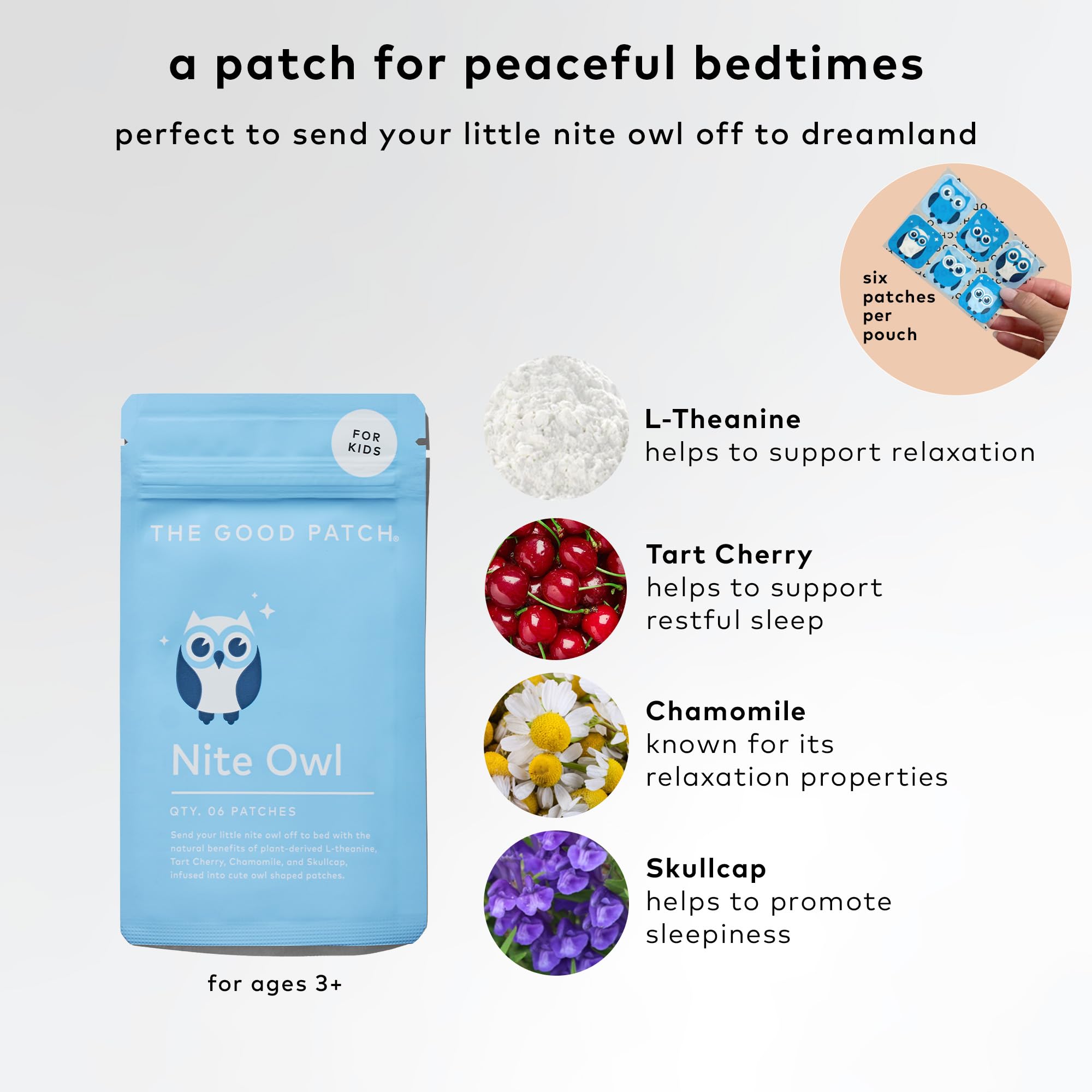 The Good Patch Nite Owl packaging shows six adorable owl designs for kids.