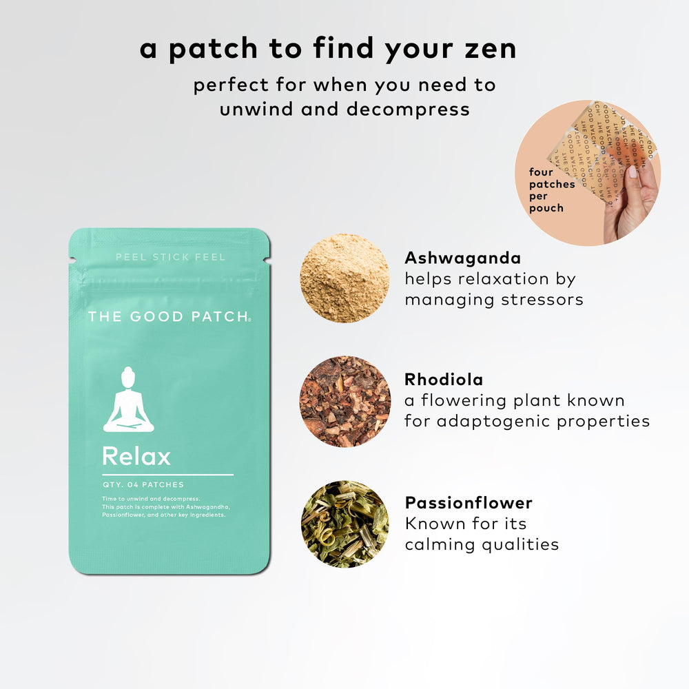 The Good Patch Relax patch applied to the forearm for continuous calm during travel.