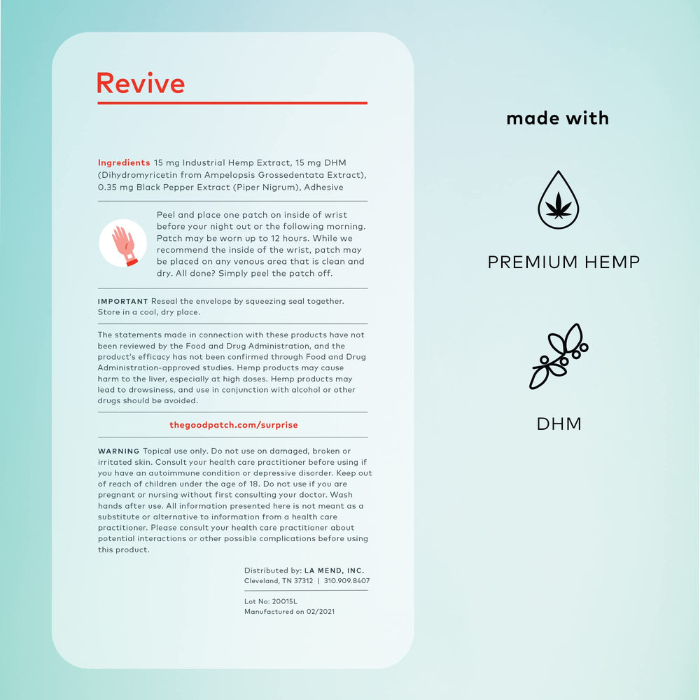 The Good Patch Revive package highlights plant-powered ingredients and easy wear.