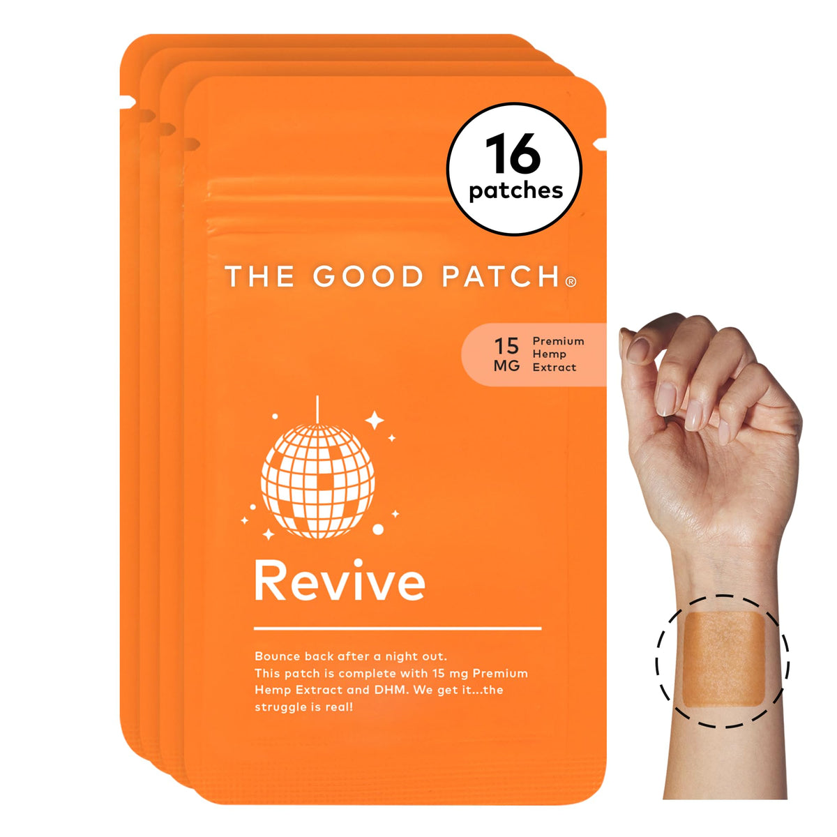 The Good Patch Revive Patch pack shown for discreet, on-the-go recovery after a night out.
