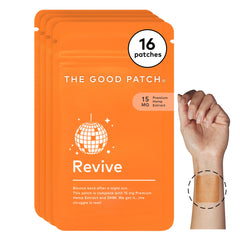 The Good Patch Revive Patch pack shown for discreet, on-the-go recovery after a night out.