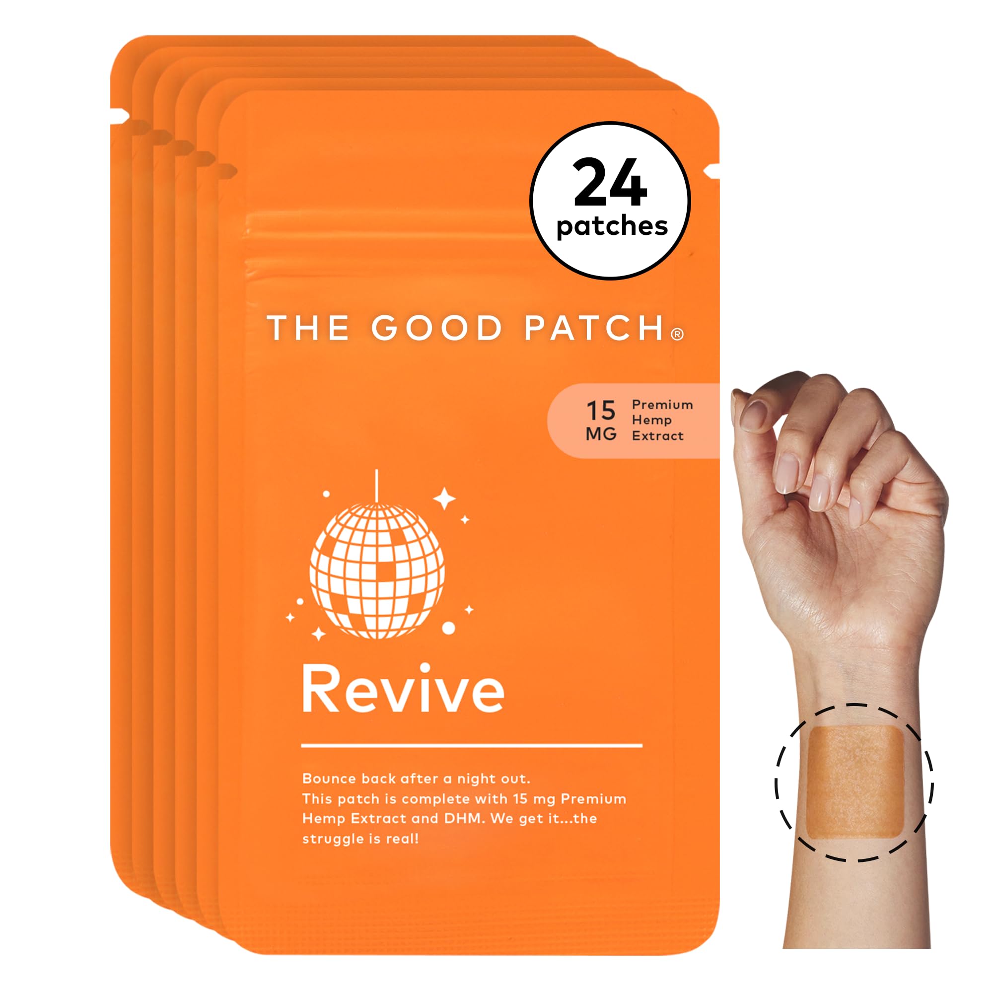 The Good Patch Revive Patch applied to the wrist for discreet post-night-out recovery.