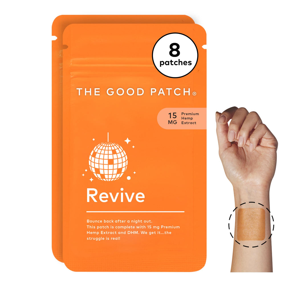 The Good Patch Revive on the wrist shows discreet, lasting relief after a night out.