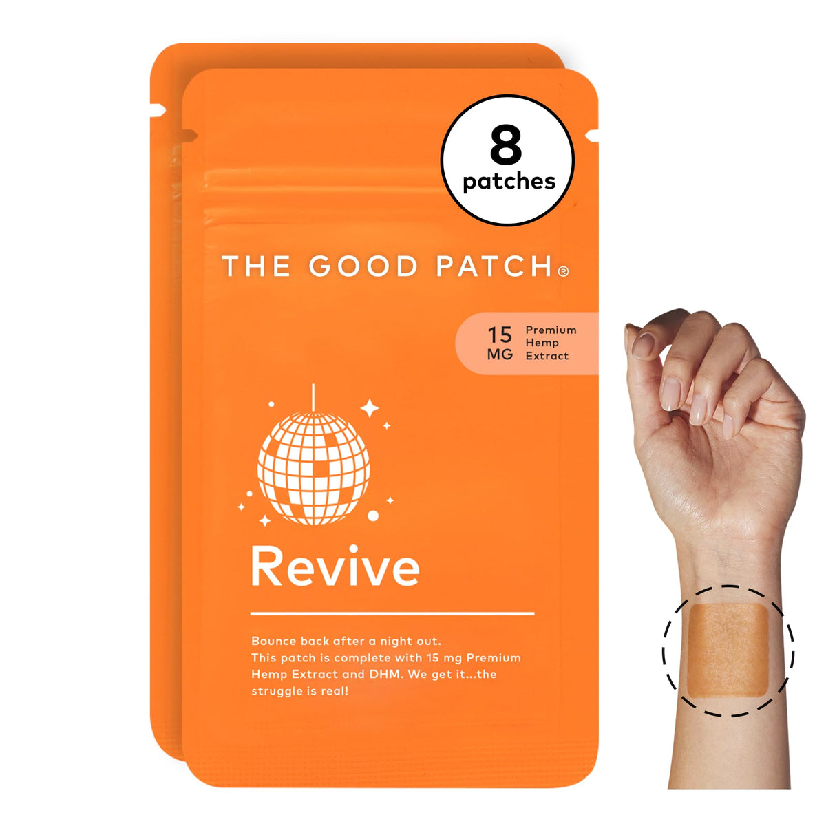 The Good Patch Revive on the wrist shows discreet, lasting relief after a night out.