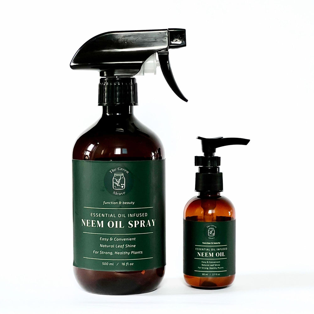 The Green Alcove Neem Oil bottle close-up highlighting natural leaf shine potential.