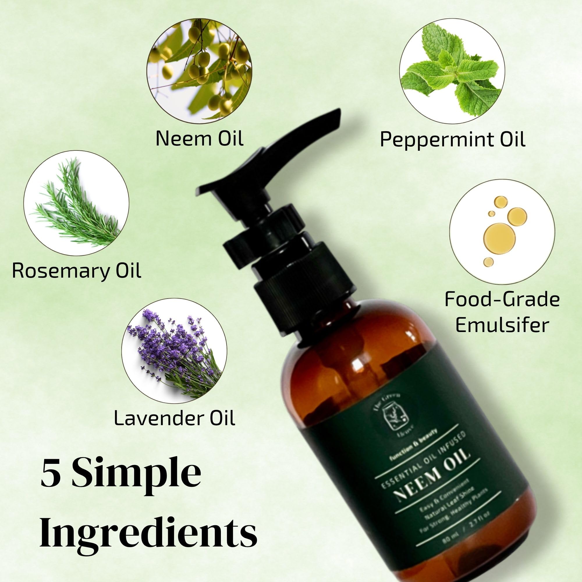 The Green Alcove Neem Oil ingredients label featuring essential oils for plants.