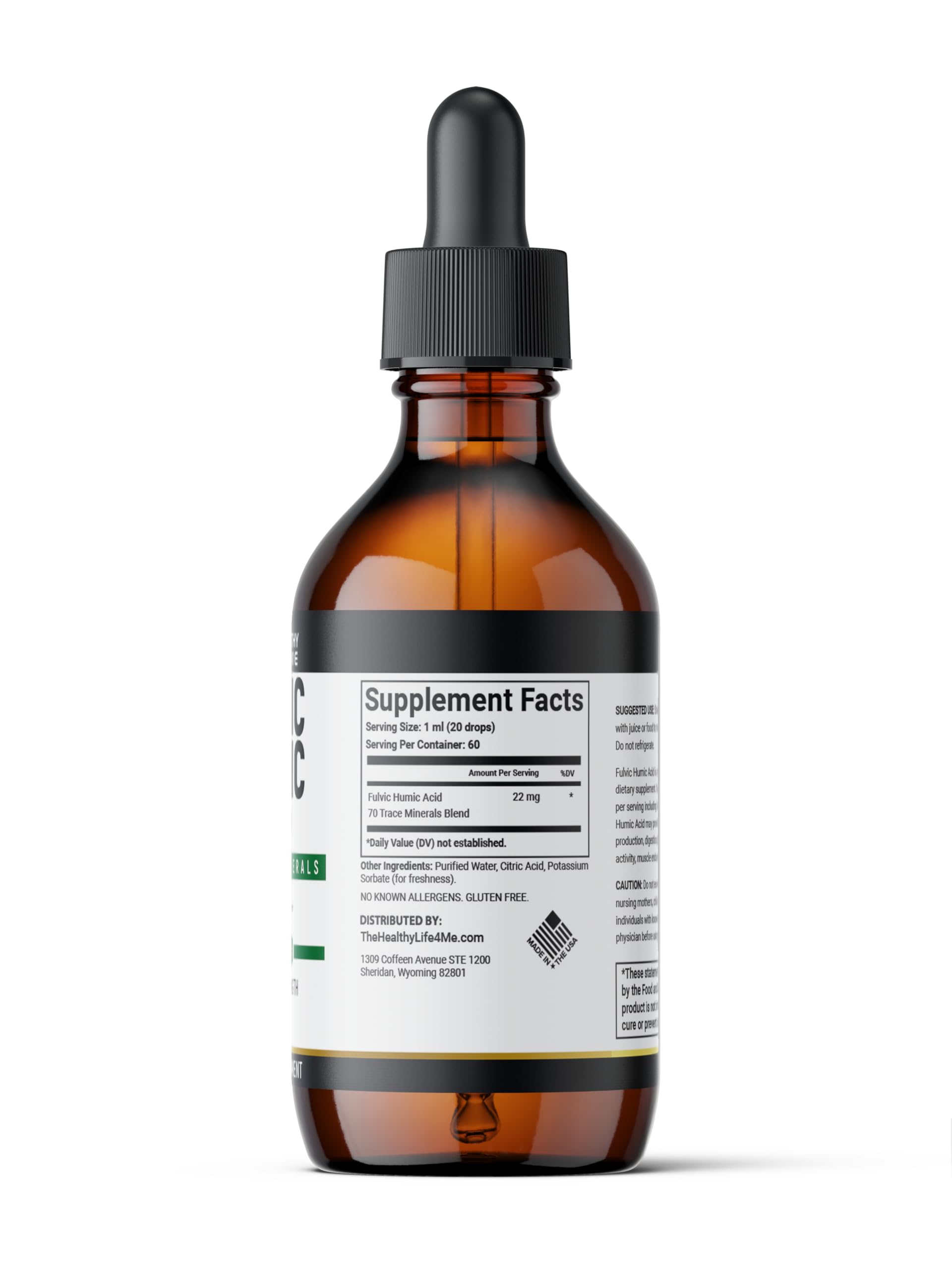 The Healthy Life 4 Me Fulvic 72 liquid in glass suggests purity and hydration support.