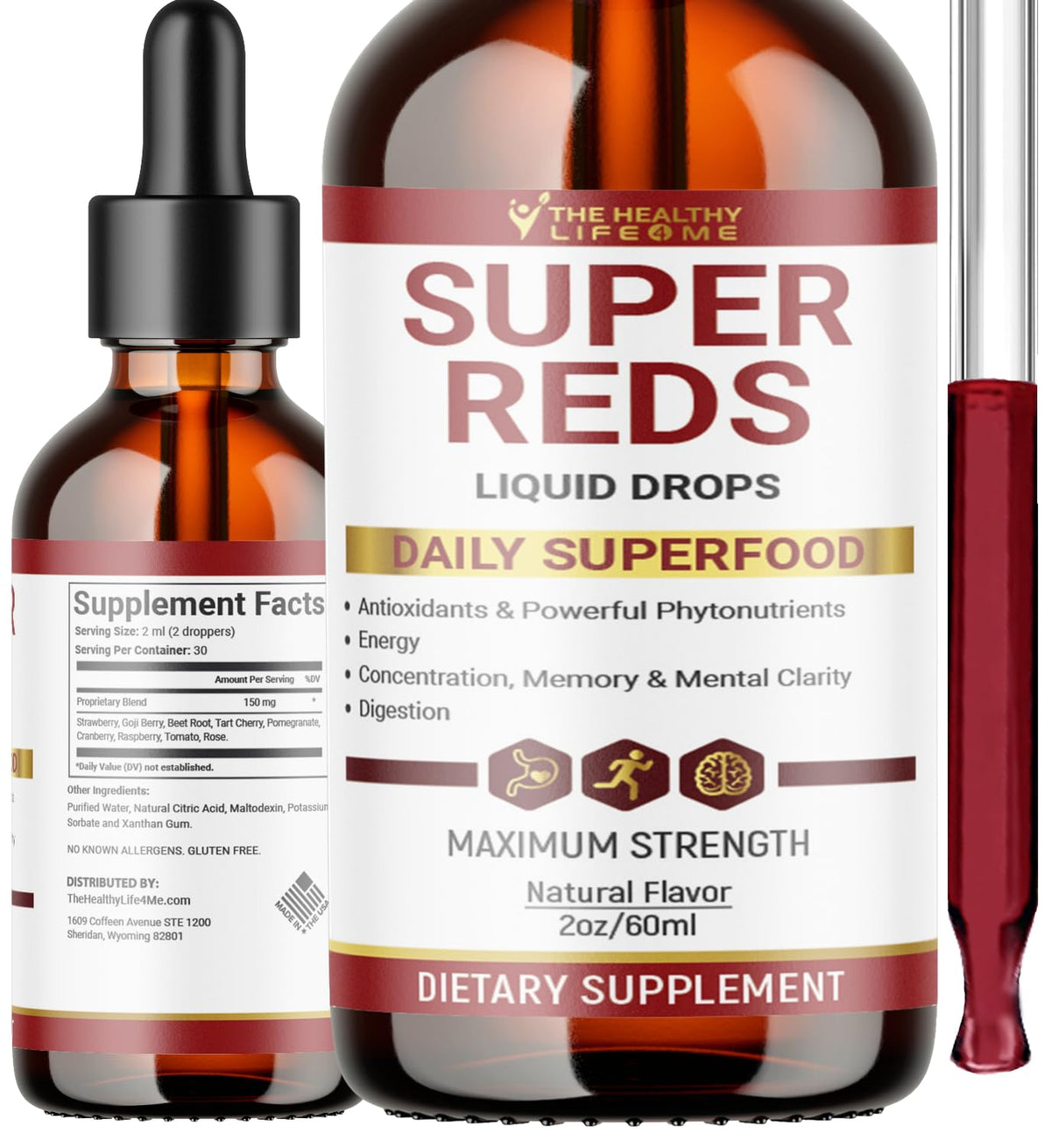 The Healthy Life 4 Me Liquid Super Reds bottle pour for daily antioxidant support.