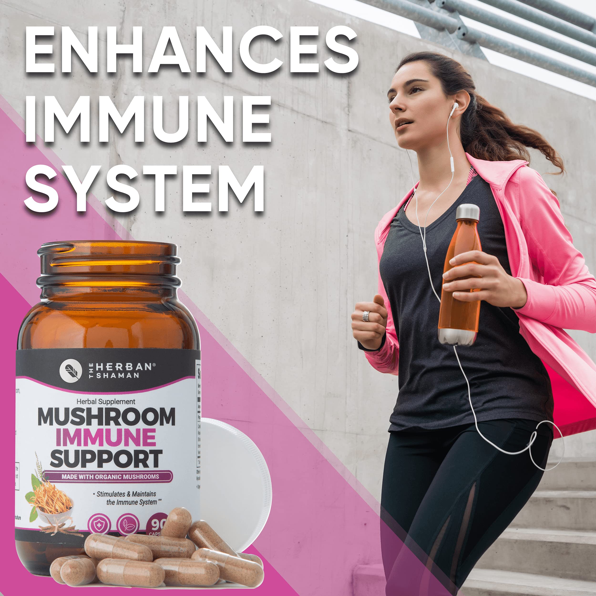 The Herban Shaman chaga capsules showcase antioxidant-rich, plant-based wellness visuals.