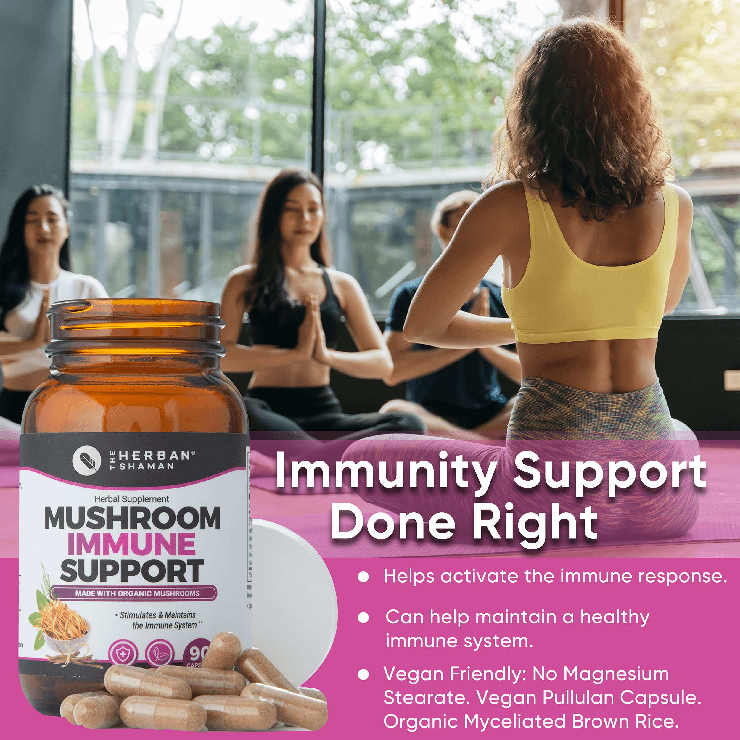The Herban Shaman reishi-maitake capsules emphasize immune support and natural energy.