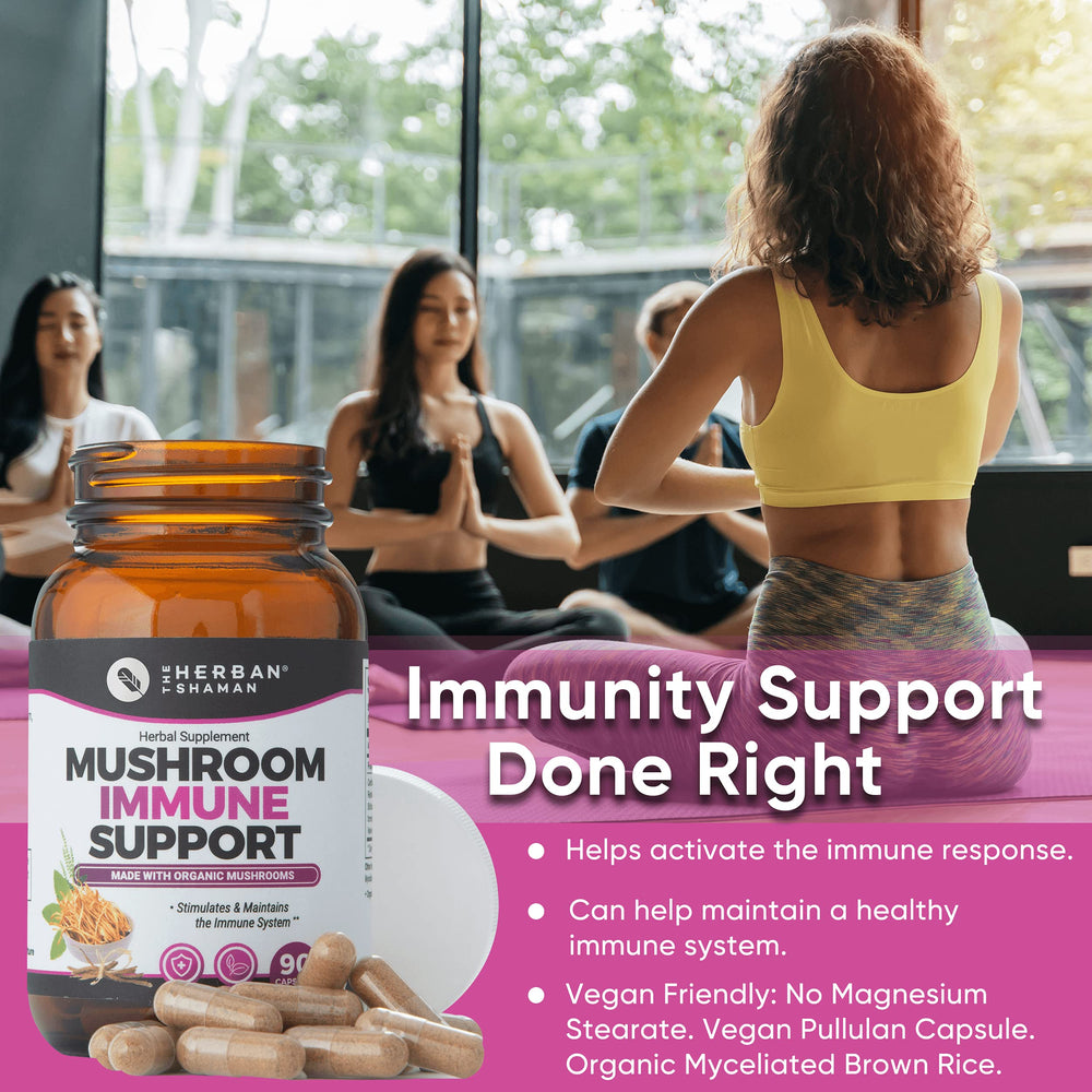 The Herban Shaman reishi-maitake capsules emphasize immune support and natural energy.