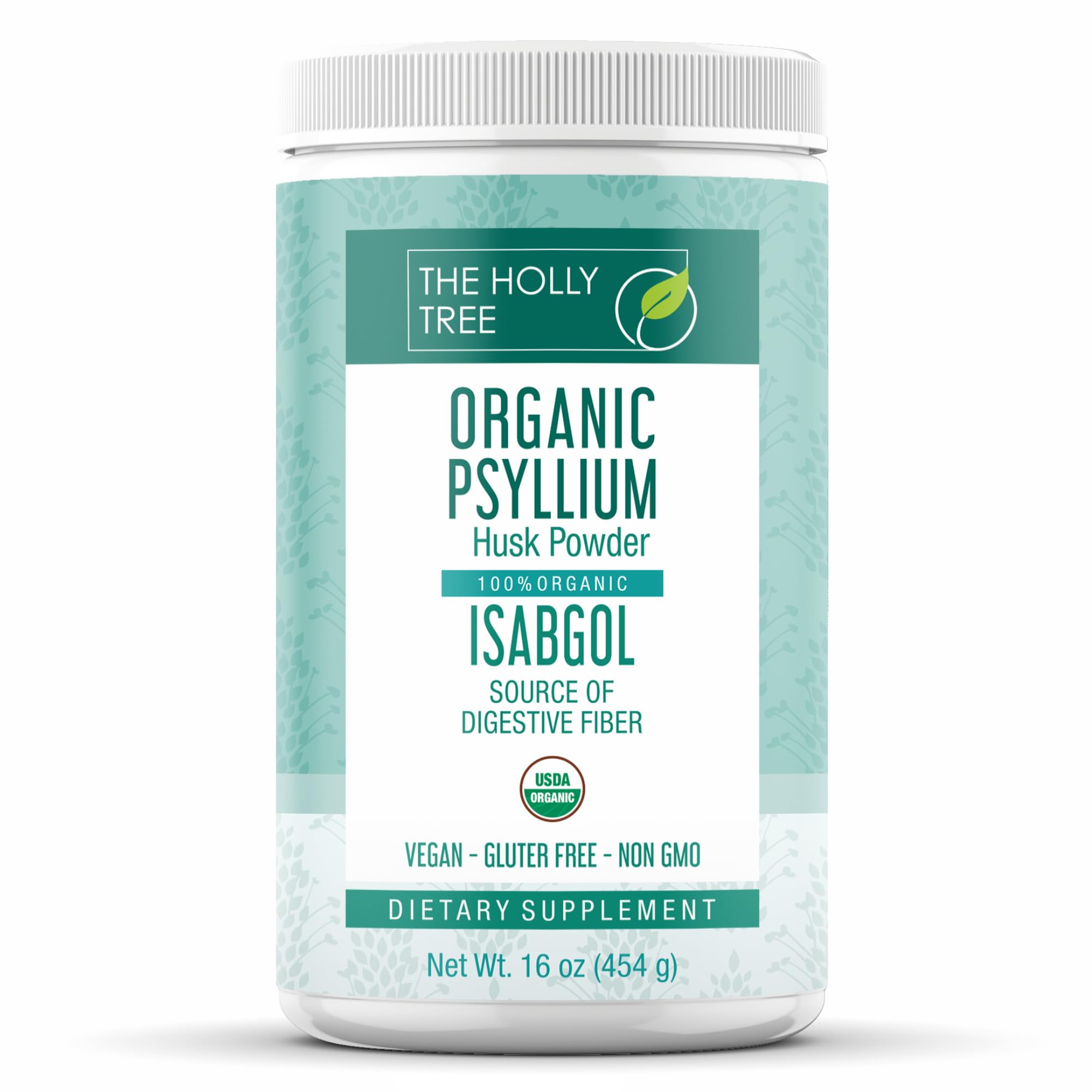 The Holly Tree psyllium husk powder bottle showcases organic fiber for daily digestion.