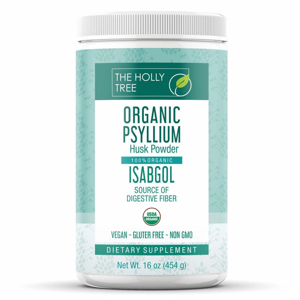 The Holly Tree psyllium husk powder bottle showcases organic fiber for daily digestion.