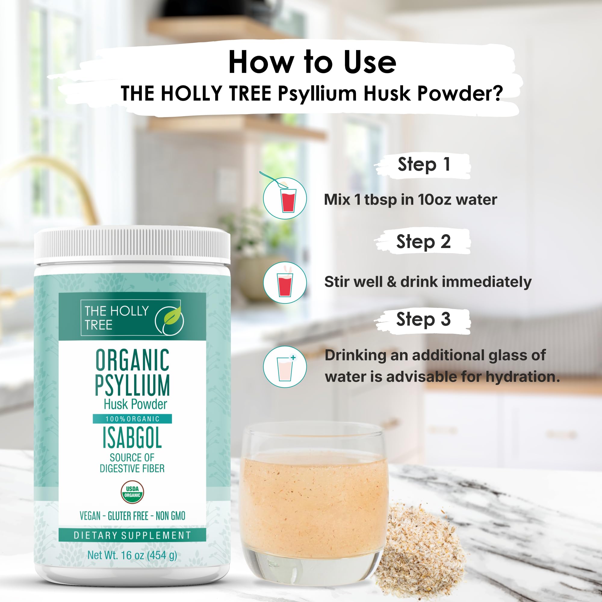 The Holly Tree powder in smoothie highlights easy, tasty fiber boost.
