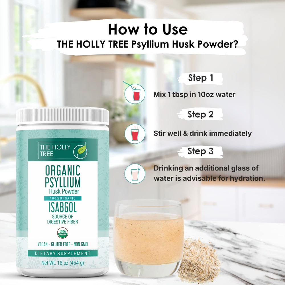 The Holly Tree powder in smoothie highlights easy, tasty fiber boost.