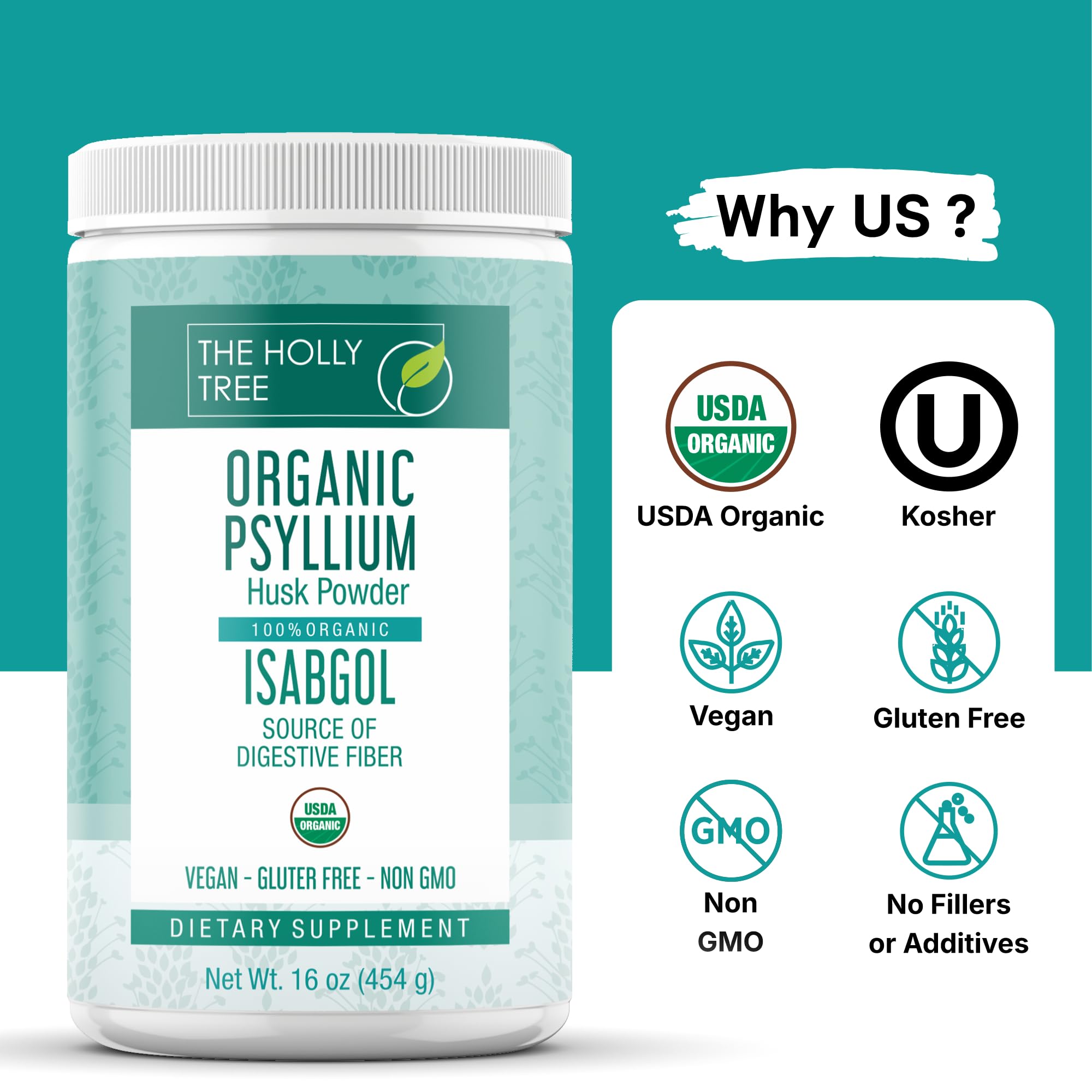 The Holly Tree psyllium powder pour demonstrates convenient pour to mix into drinks.