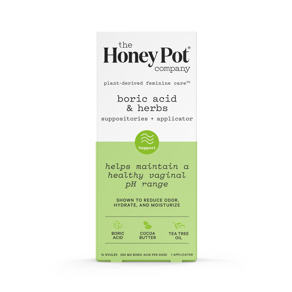 The Honey Pot boric acid suppositories packaging with applicator for easy vaginal use.