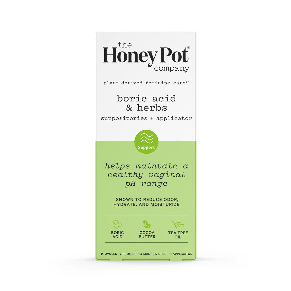 The Honey Pot boric acid suppositories packaging with applicator for easy vaginal use.