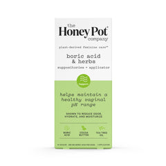 The Honey Pot boric acid suppositories packaging with applicator for easy vaginal use.