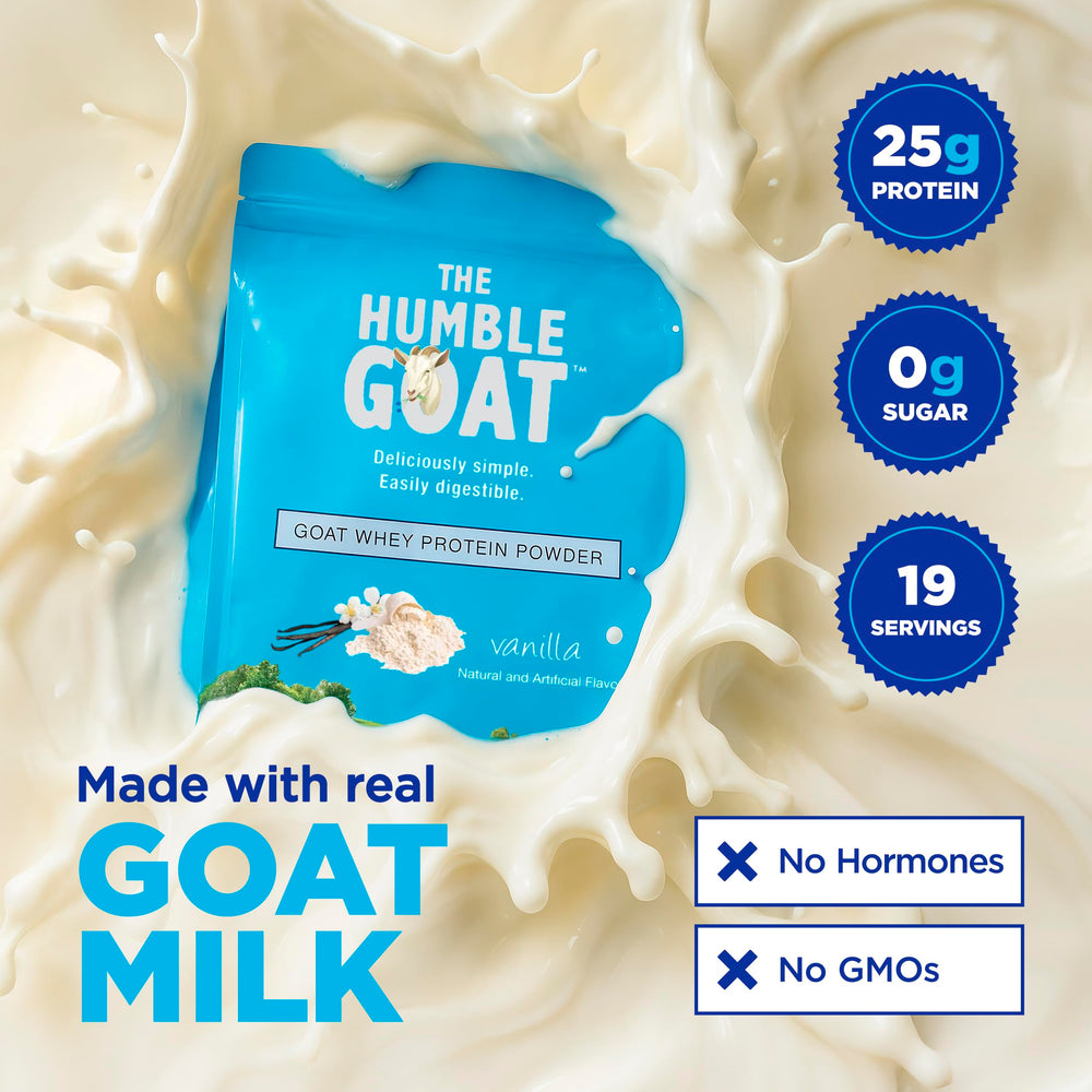 The Humble Goat chocolate whey shake glass highlights convenient protein for workouts.