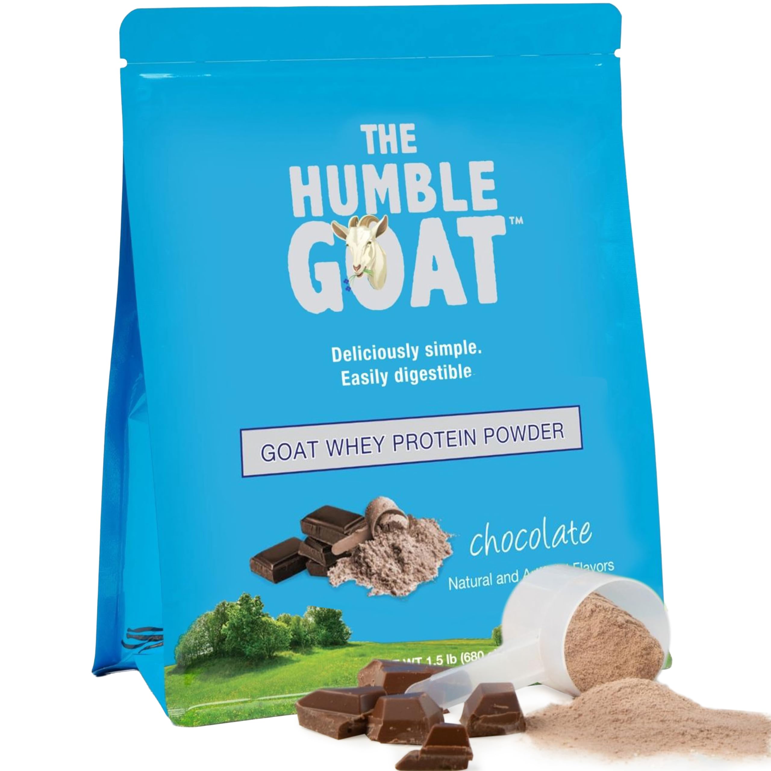 The Humble Goat grass-fed whey chocolate powder with easy-digestion flavor.