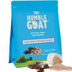 The Humble Goat grass-fed whey chocolate powder with easy-digestion flavor.