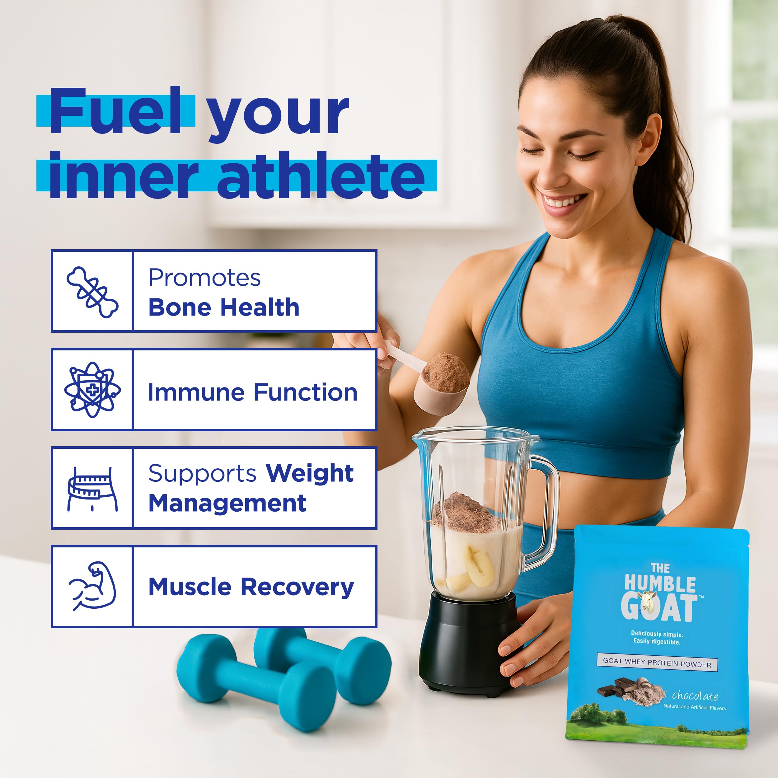 The Humble Goat measuring spoon with powder suggests simple mix-and-go nutrition.