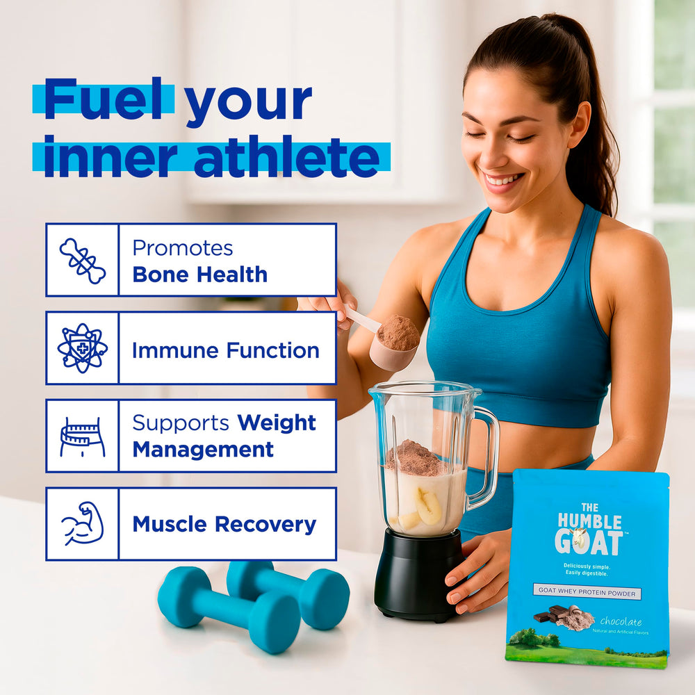 The Humble Goat measuring spoon with powder suggests simple mix-and-go nutrition.