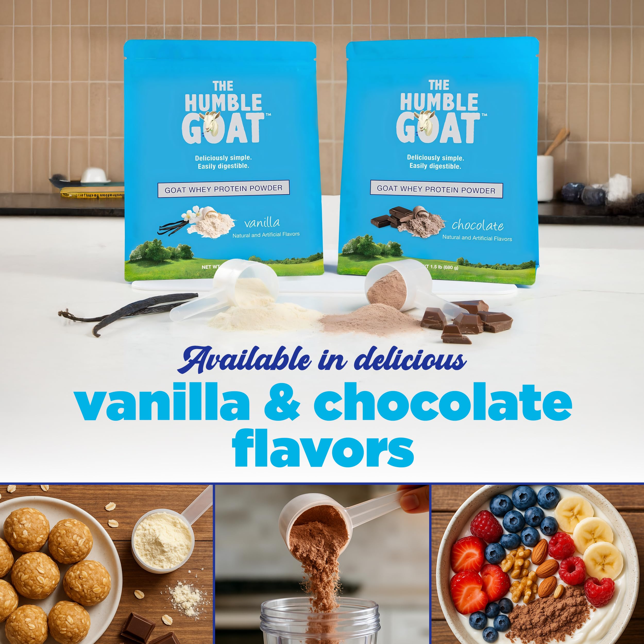 The Humble Goat nutrition label closeup underscores non-GMO, gluten-free, hormone-free quality.
