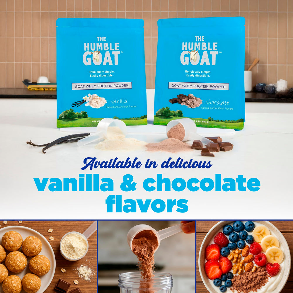 The Humble Goat nutrition label closeup underscores non-GMO, gluten-free, hormone-free quality.