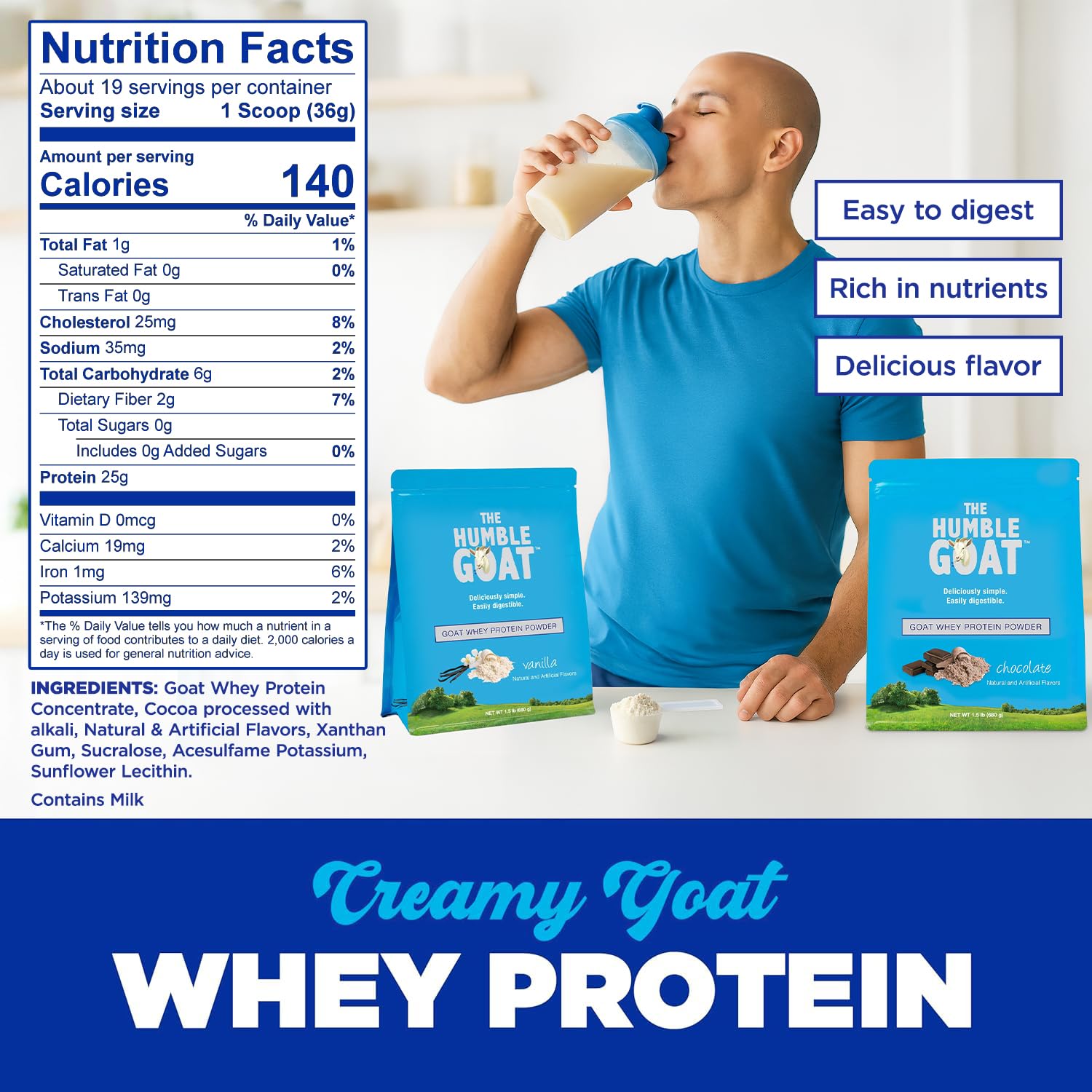 The Humble Goat chocolate whey tub closeup showing premium cocoa and smooth texture.