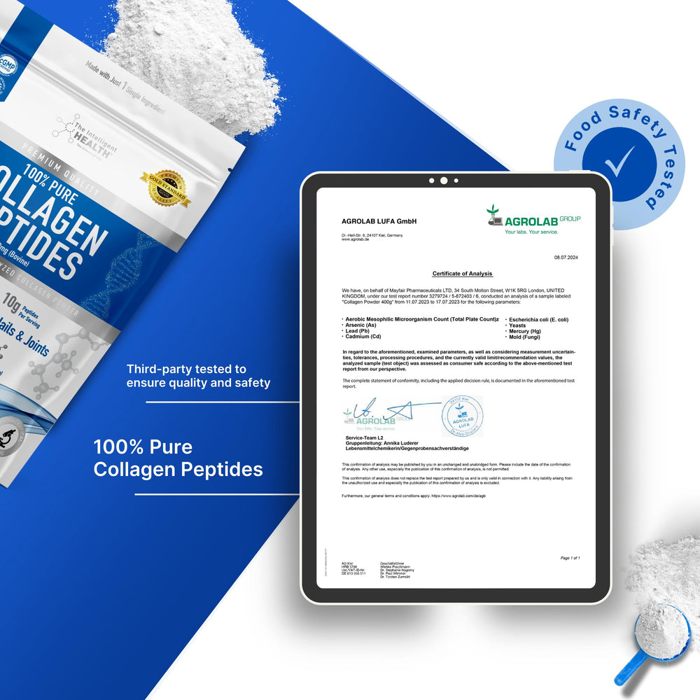 The Intelligent Health Collagen Peptides gluten-free badge indicating allergen-friendly nutrition