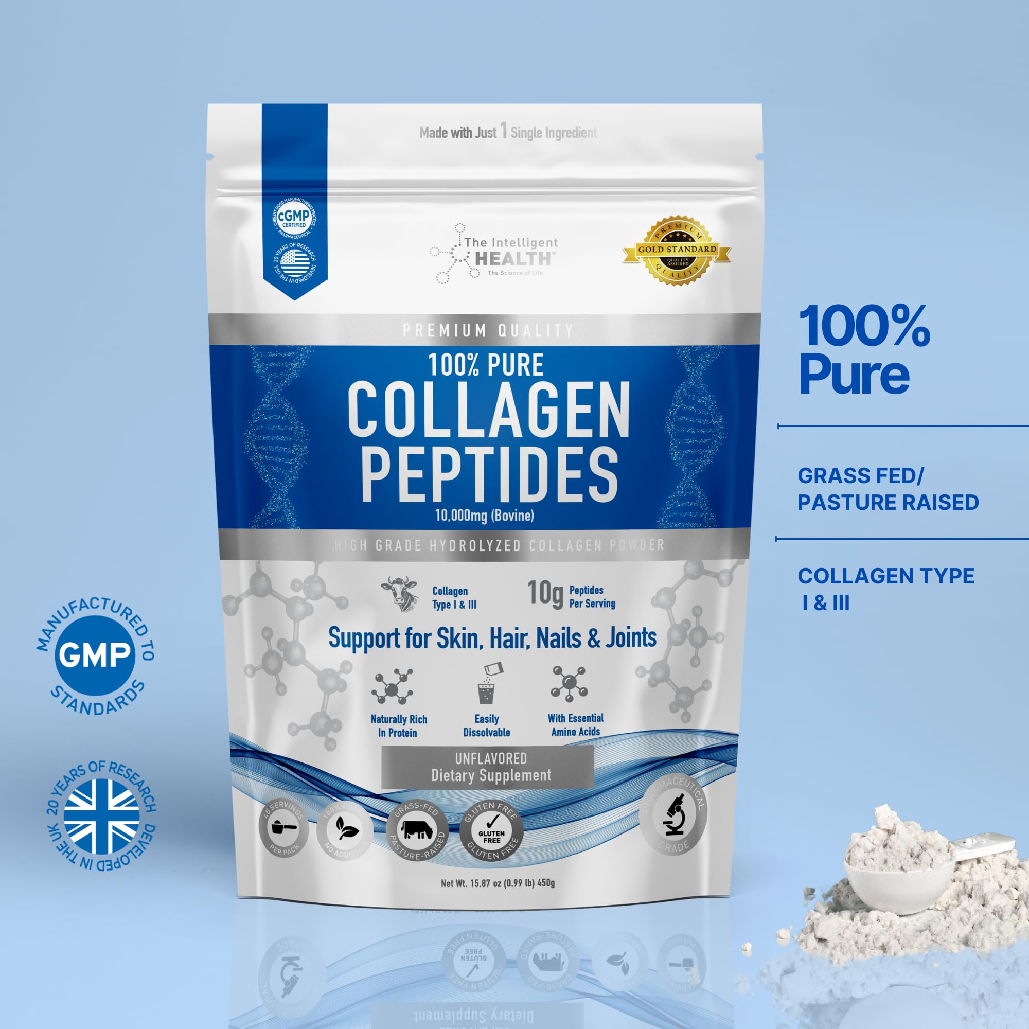 The Intelligent Health Collagen Peptides unflavored powder pouring into a smoothie