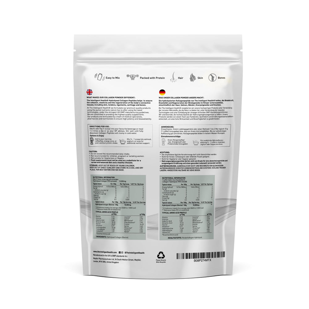 The Intelligent Health collagen powder being poured into a glass for convenient use