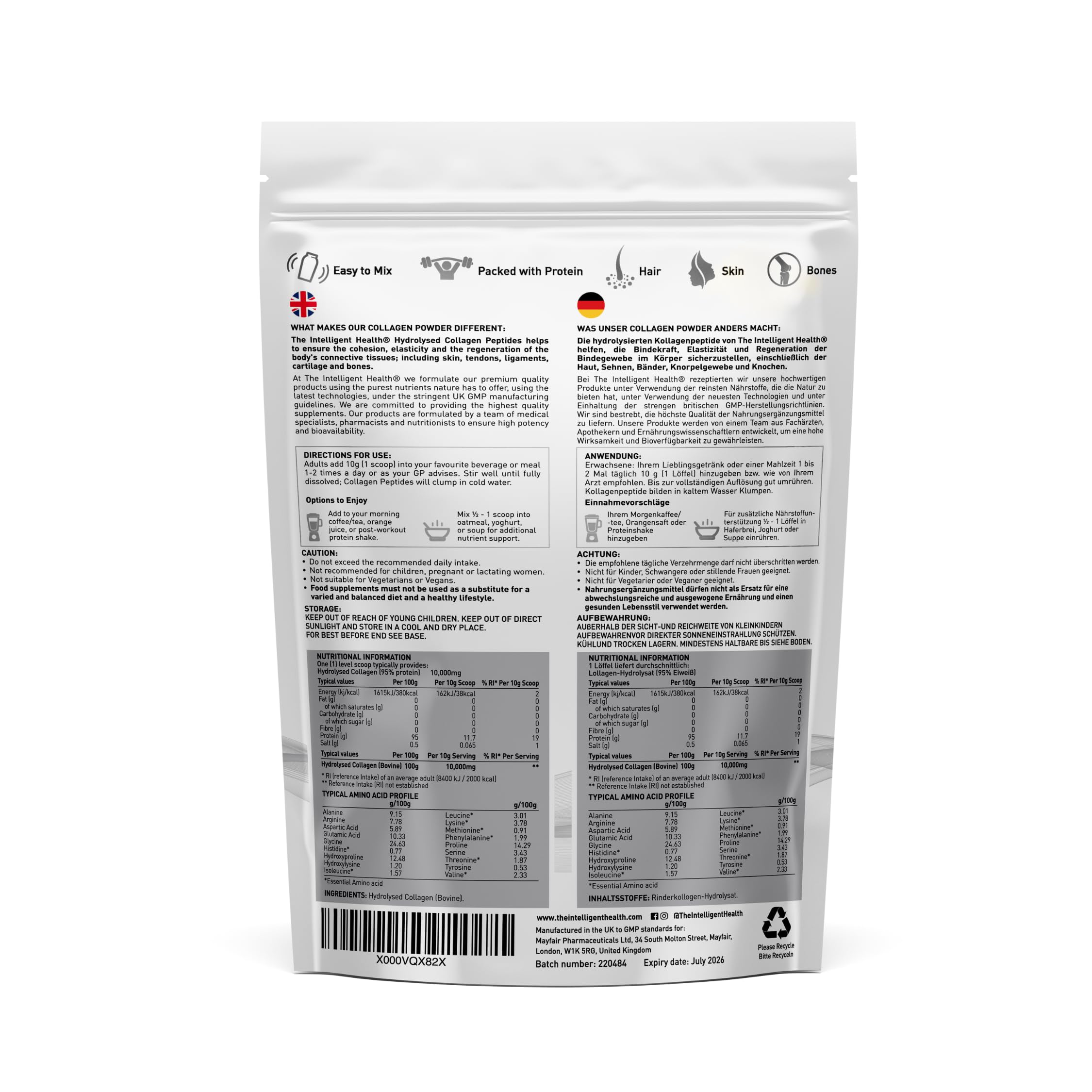 The Intelligent Health grass-fed collagen powder scoop showing 10g serving