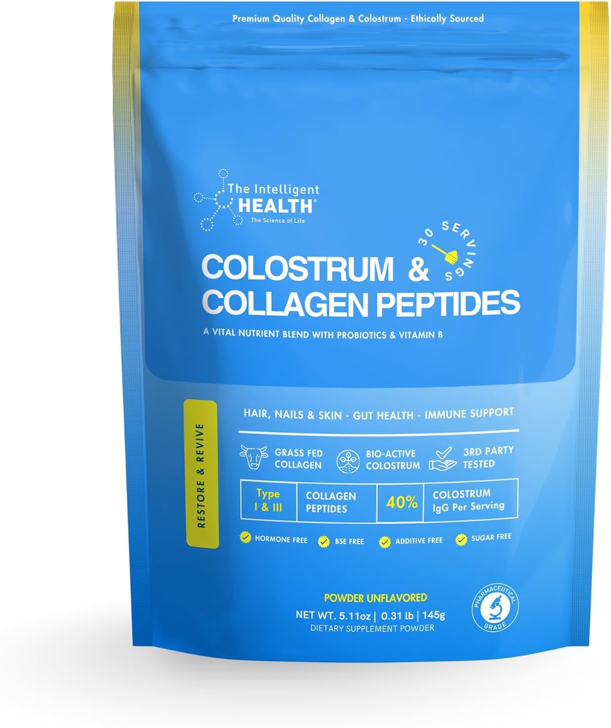 The Intelligent Health grass-fed colostrum bottle, suggesting ethical sourcing and potential immune support.