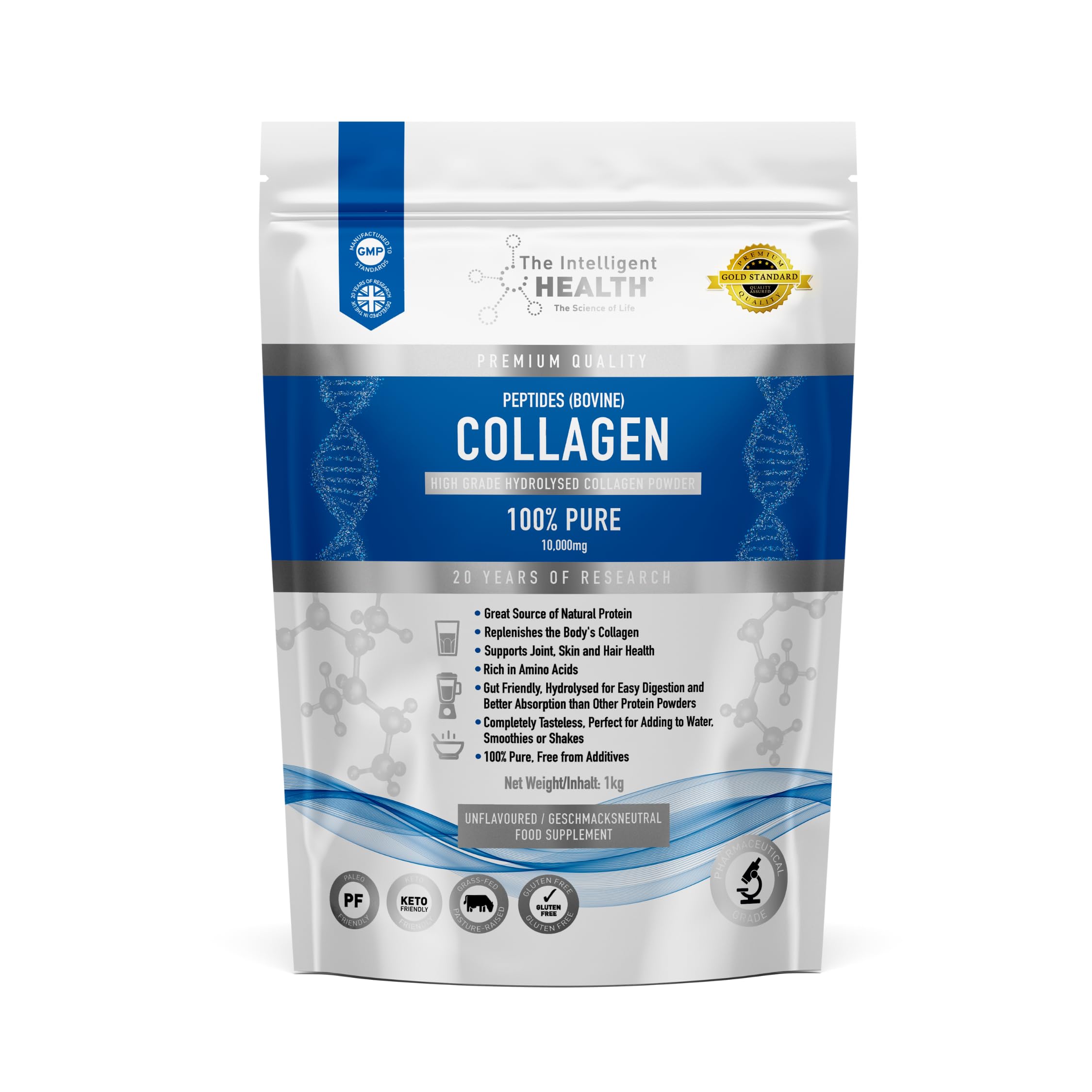 The Intelligent Health hydrolyzed collagen bottle poured for daily joint support