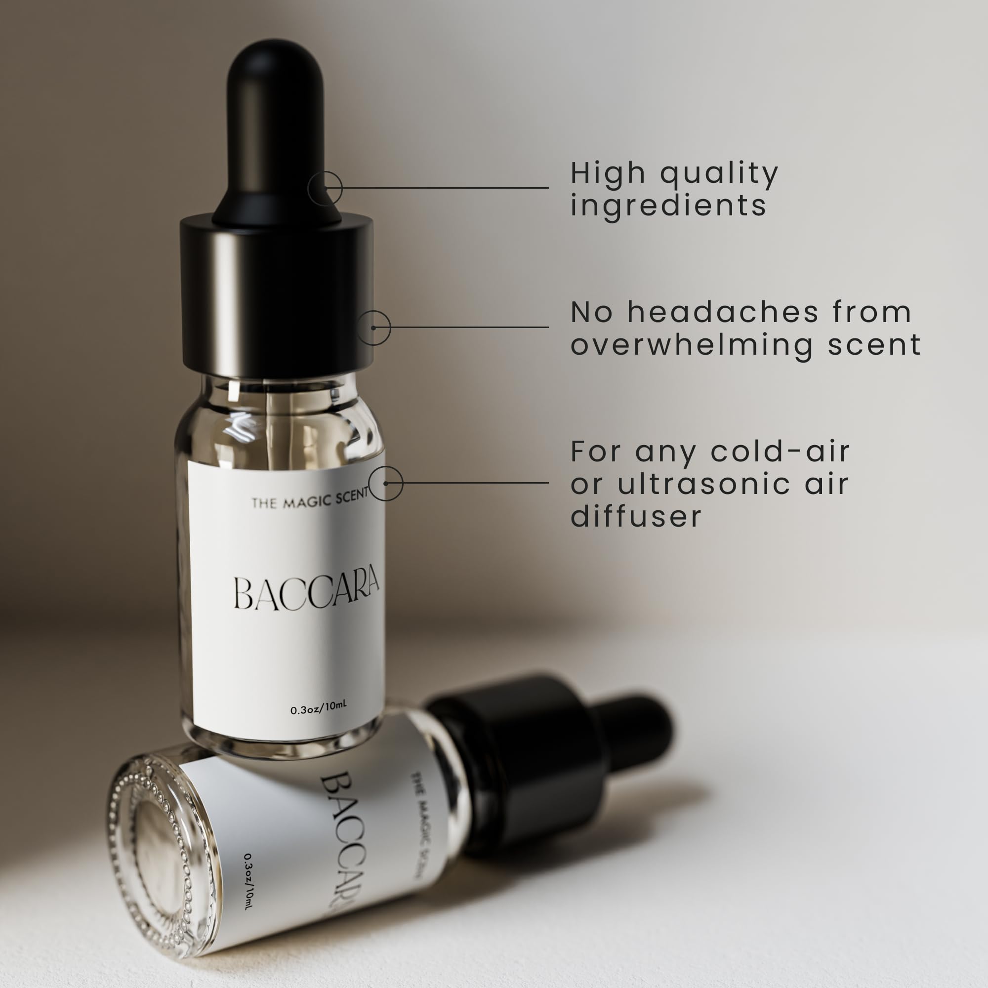Magic Scent Baccara diffuser oil creates in-room ambiance with amber-woody notes.