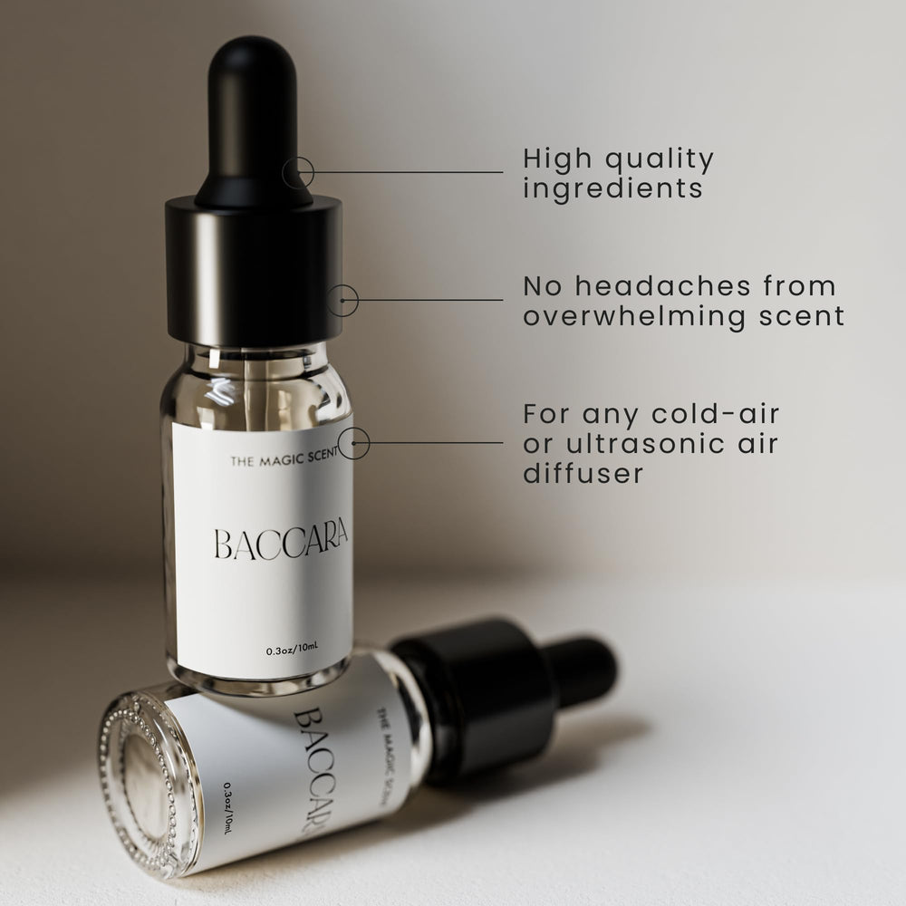Magic Scent Baccara diffuser oil creates in-room ambiance with amber-woody notes.
