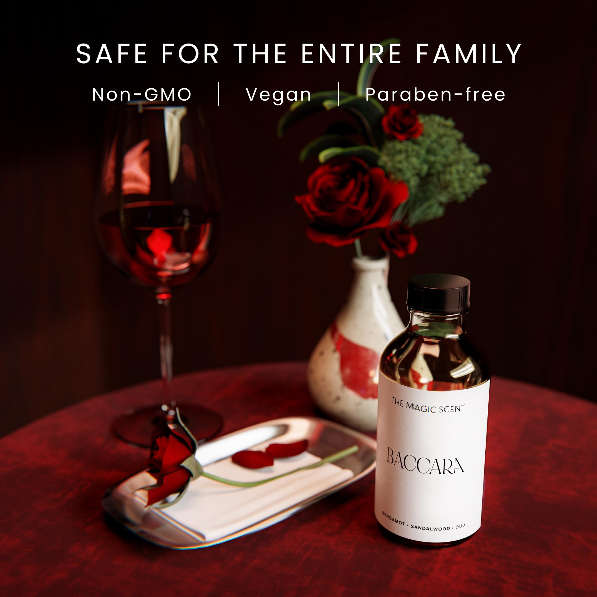 The Magic Scent Baccara diffuser oil label highlighting luxury notes and safety