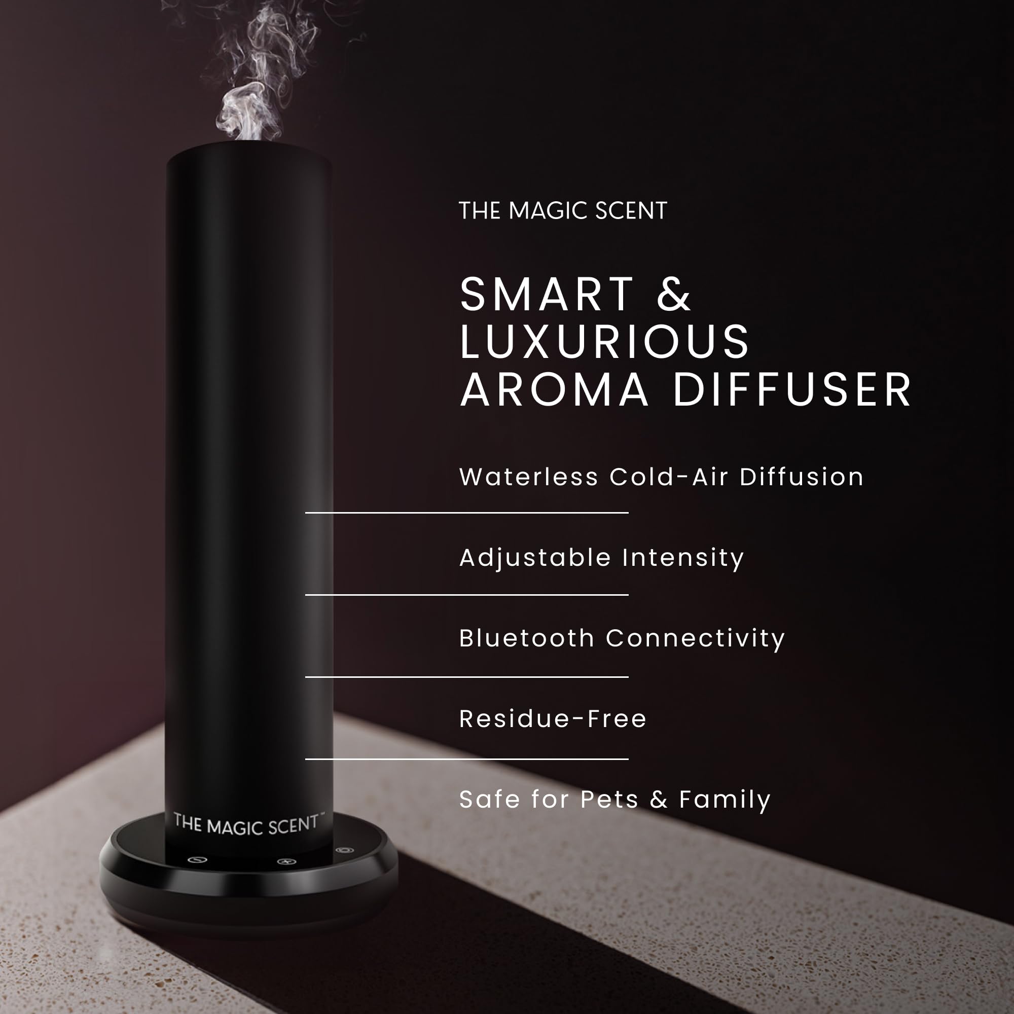 The Magic Scent bluetooth tower diffuser side view, compact design fits shelves and nightstands
