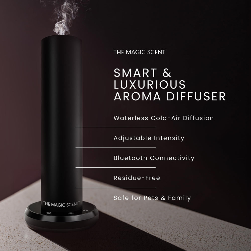 The Magic Scent bluetooth tower diffuser side view, compact design fits shelves and nightstands
