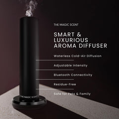The Magic Scent bluetooth tower diffuser side view, compact design fits shelves and nightstands