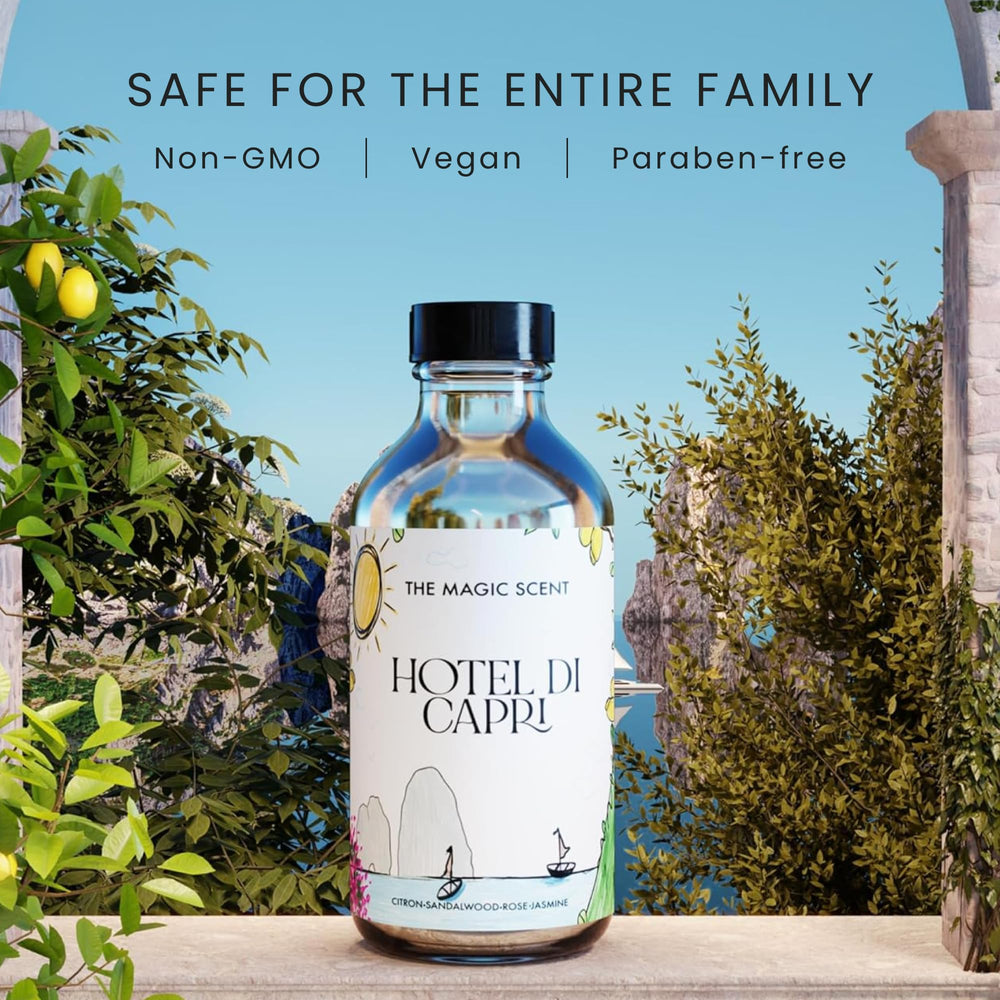 The Magic Scent Hotel Di Capri diffuser oil liquid close-up highlights citrus freshness for cozy spaces.