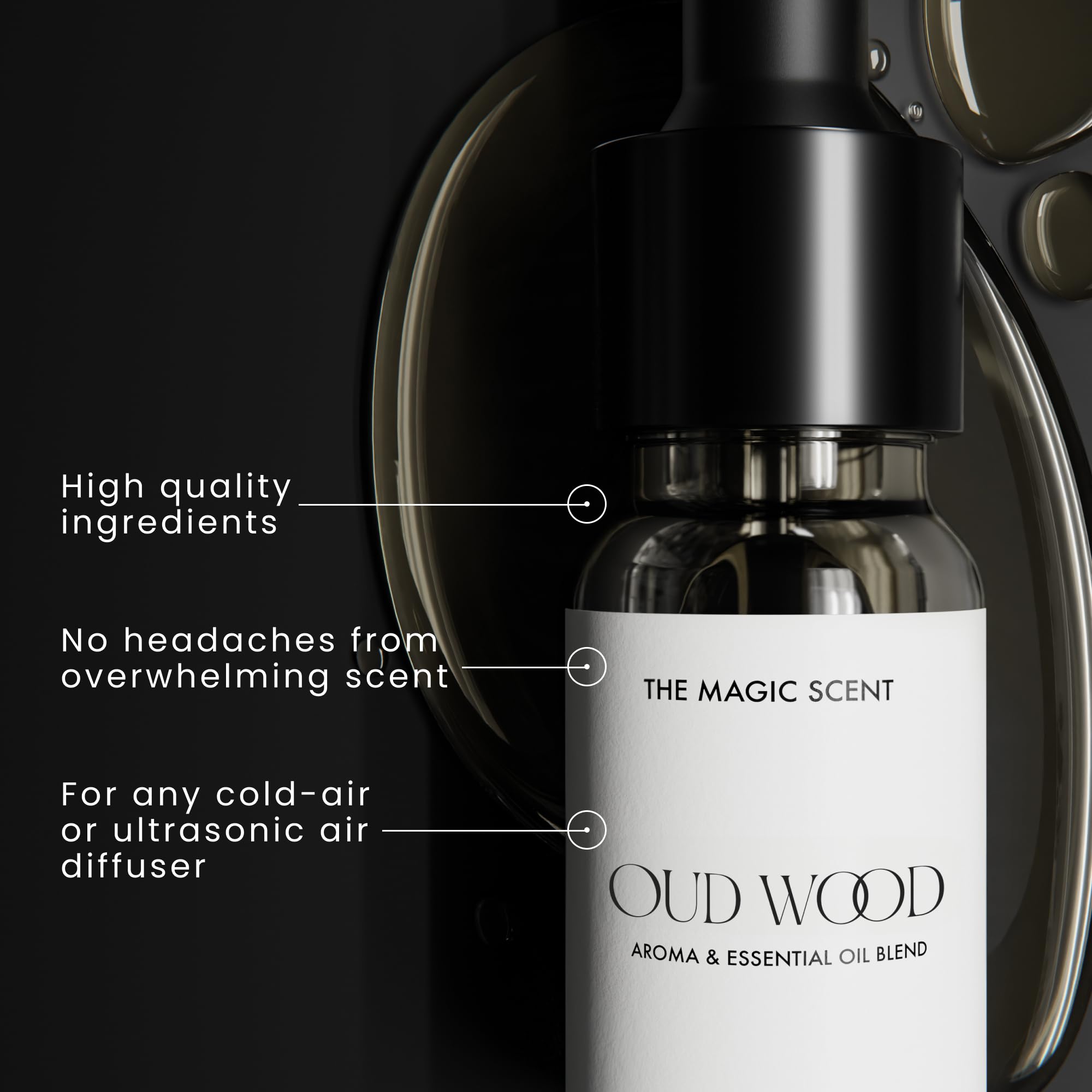 Oud Wood diffuser oil bottle label highlighting notes and safety